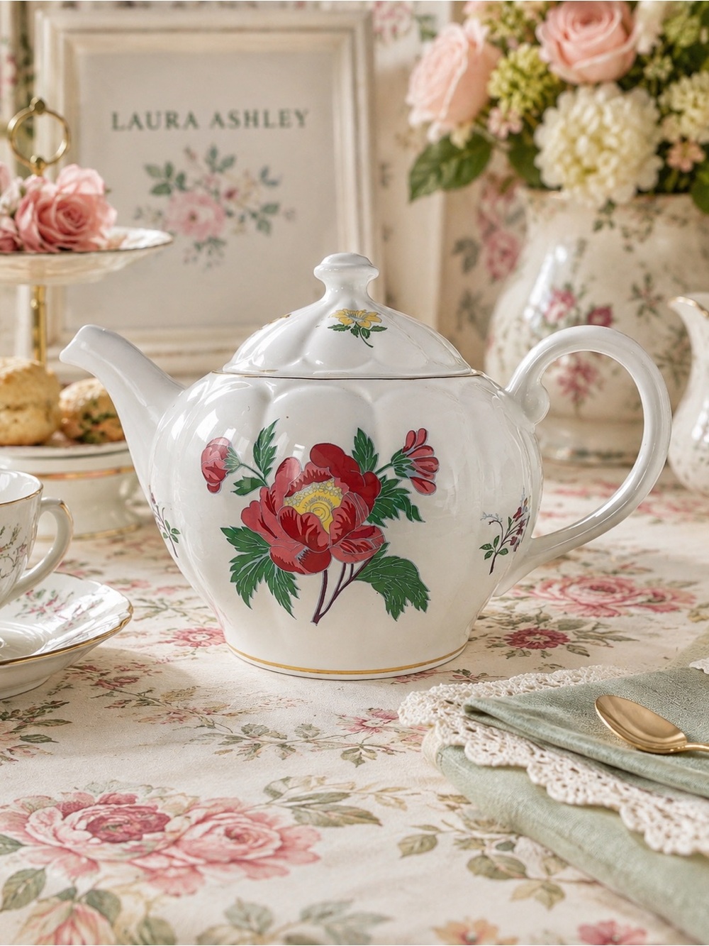 Vintage Parfums Laura Ashley Floral Porcelain Gold Trim Teapot
